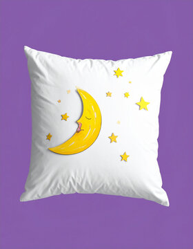 White pillow with sleeping cartoon moon on purple background