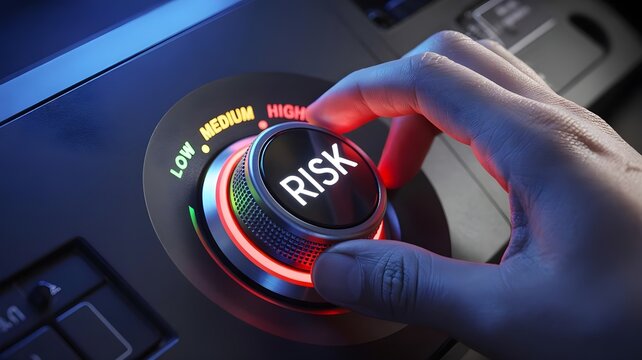 A hand adjusting a risk level button on a control panel with low, medium, and high settings.