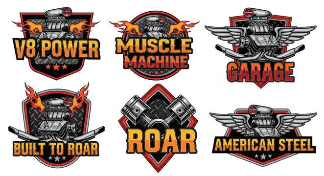 Set of six vintage motorcycle and car emblems with engines and wings.