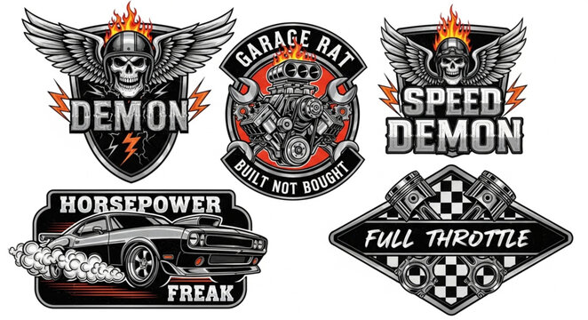 Collection of vintage car and skull emblems with flames.