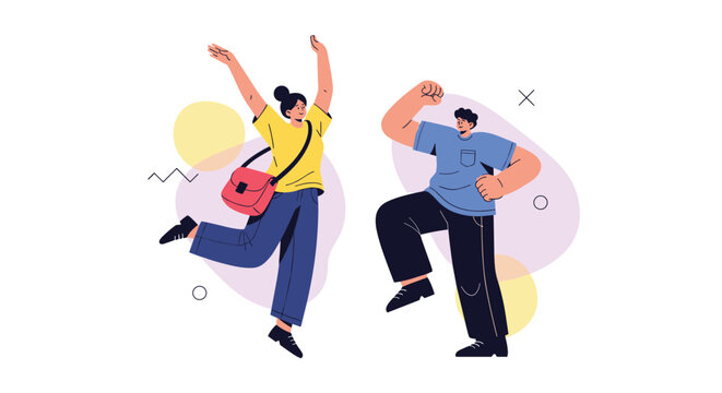 Joyful young man and woman celebrate with a happy dance against a colorful abstract background, expressing pure excitement.