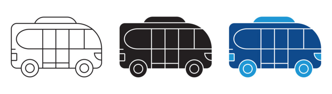 Autonomous Shuttle Bus Icon Set Vector Flat and outline Design Collection. Self-Driving Shuttle Bus Icons Pack Transportation Vector Illustration.