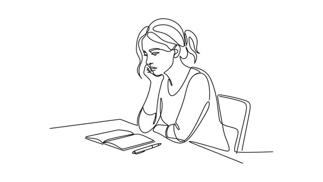 Continuous line drawing of a woman sitting at a desk with a tablet.