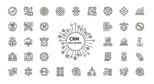 Collection of outline icons representing Customer Relationship Management intelligence, data analytics, business strategy, and digital solutions for enterprise success