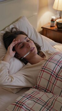 Young woman in bed with thermometer checking temperature, feeling sick, vertical shot