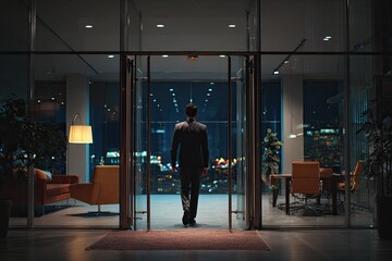 Fototapeta premium Man in suit walks through glass doors at night into modern office