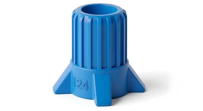 Blue plastic object on white background with ribbed cylindrical design and number 124
