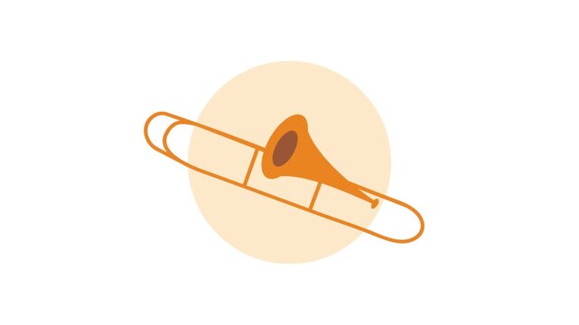 Animated illustration of a trombone on a light orange circle background.