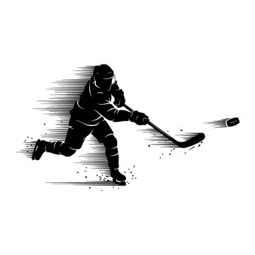 Dynamic Ice Hockey Player Vector Silhouette Taking Slap Shot with Puck in Motion