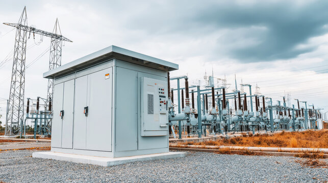 Outdoor electrical substation transforming and distributing power with a control cabinet, high voltage structures, and transmission lines
