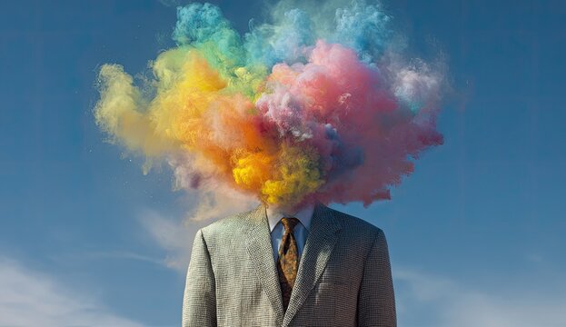 Man in suit with vibrant, colorful cloud of smoke exploding from head