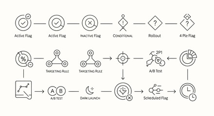 Visual workflow diagram outlining essential steps in feature management and software development, including active flags, targeting rules, A/B testing, and deployment strategies © BrandUp