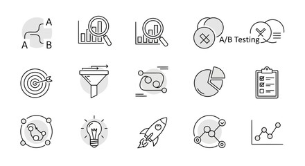 Diverse line icon set illustrating key concepts in business strategy, data analytics, marketing, growth, and A/B testing, ideal for digital design © BrandUp