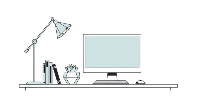 Minimalist desktop computer setup with lamp and decorative items vector illustration