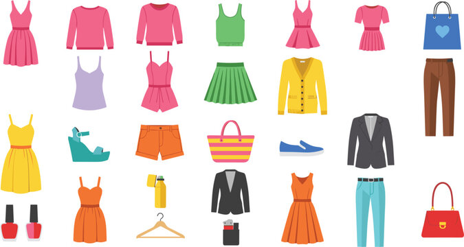 Fashion Apparel and Women's Accessories Icon Set Featuring Colorful Dresses, Skirts, Handbags, and Footwear for E-commerce Shopping Websites, Beauty Blogs, and Retail Catalog Designs