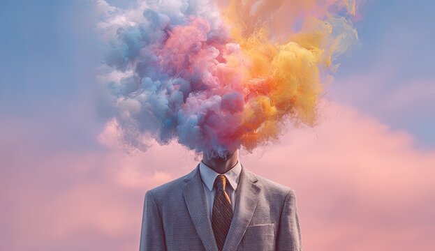 Man in suit with colorful smoke exploding from head against sky