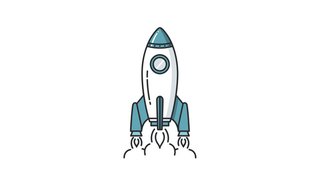 Cartoon rocket ship launching into space on white background