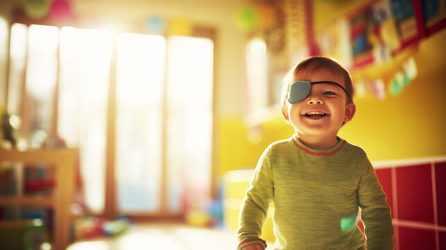 Smiling child wearing eye patch in bright classroom, playing and laughing, vision therapy for kids development