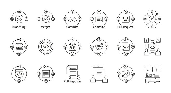 Vector line icon set illustrating software development lifecycle, code management, and collaborative programming workflows, featuring symbols for branching, merging, and version control processes