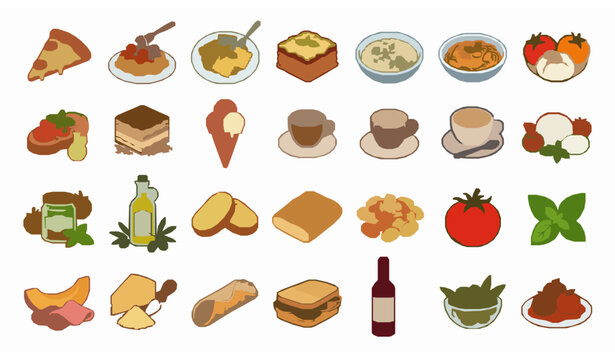 Italian Food Icons Pack Vector Collection with Pizza Pasta Dessert and Traditional Cuisine Symbols