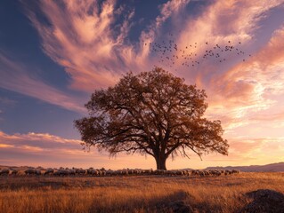 Fototapeta premium Majestic solitary tree in a field of sheep at sunset with birds overhead