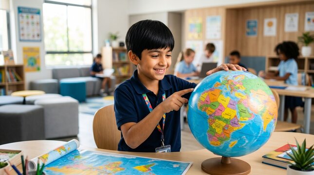 A happy young boy resting his hands on a classic school desk globe while learning world geography.