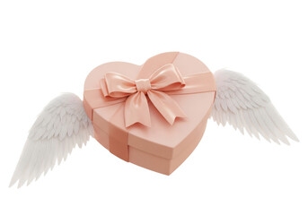 Obraz premium 3d heart shaped gift box with white angel wings isolated on transparent background