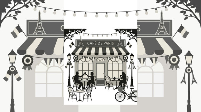Black and white illustration of a cozy Parisian cafe with people sitting at outdoor tables.