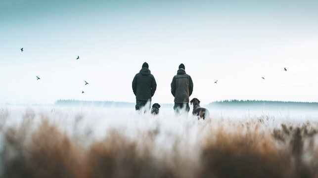 Two hunters standing with dogs on a frosty field at dawn, pursuing game in a quiet winter landscape