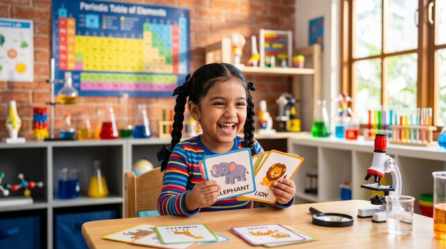 A focused student organizing flashcards and educational boards at her school study table.