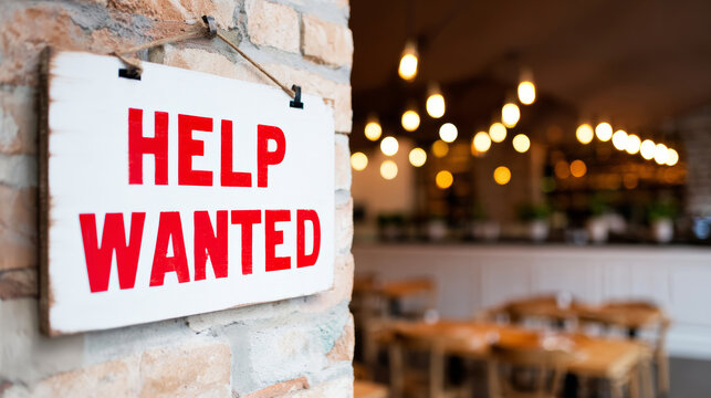 Vintage help wanted sign on brick wall, advertising jobs in a warm, inviting restaurant interior
