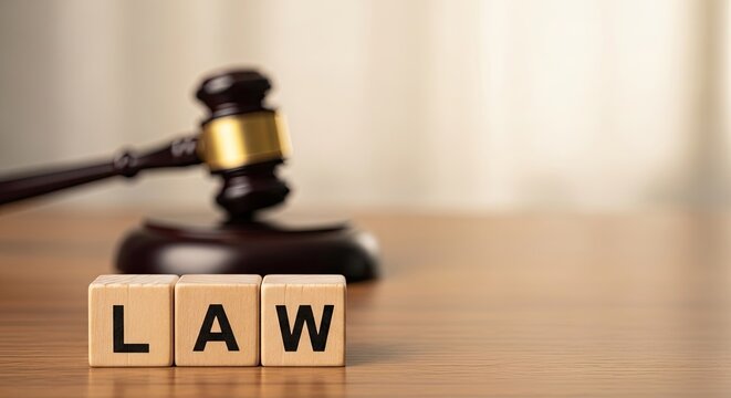 A close-up of wooden blocks spelling out the word law with a judge's gavel in the background on a desk in a courtroom setting for legal or justice concepts