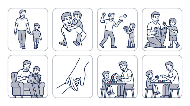Modern Father&rsquo;s Day line art icon collection featuring fathers and sons in emotional bonding activities with clean monoline vector styling ideal for apps, websites and greeting cards.