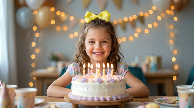 Young girl with curly hair wearing a yellow bow smiles at a birthday cake with lit candles, colorful decorations and party supplies visible in a festive indoor setting