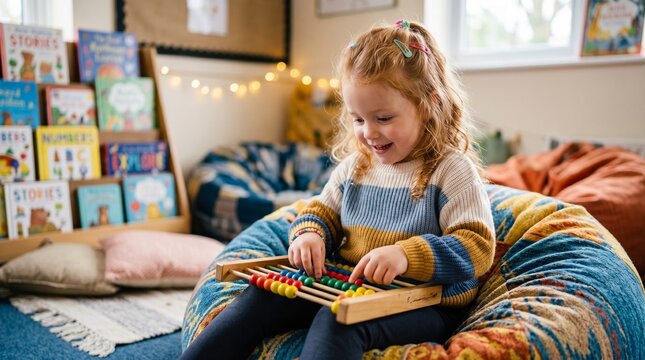 A child rearranging multi-colored counting rings into separate wooden organizer rods.