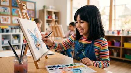Fototapeta premium A young creative girl carefully painting an artwork layout at a classroom painting easel.
