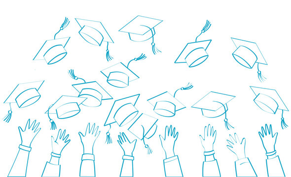 Varios birretes de graduaci&oacute;n lanzados al aire por manos de estudiantes celebrando el fin de sus estudios