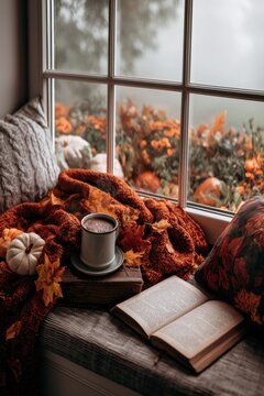 Fenstersitz mit Herbstdecke, hei&szlig;em Kakao und Blick auf neblige Halloween-Landschaft