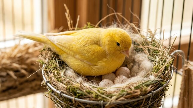 A yellow canary perched on a nest with eggs.