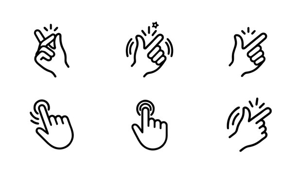 Finger Snap Gesture and Hand Touch Icon Set: Minimalist Outline Illustration for Easy Interaction, Quick Ideas, and Mobile Clicking Symbols