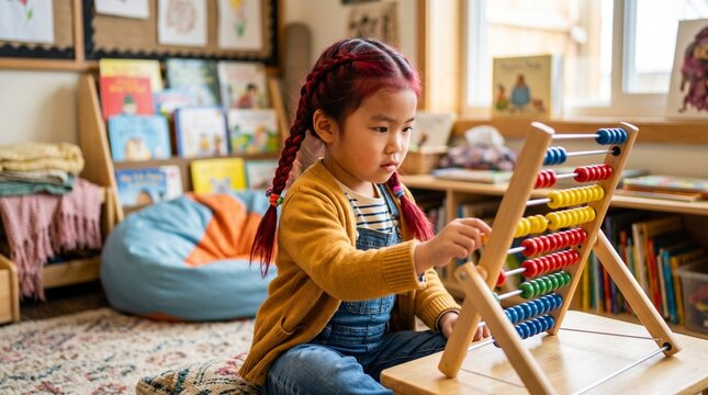 A young girl dropping multi-colored counting rings on a sequential wood calculation rod peg frame.