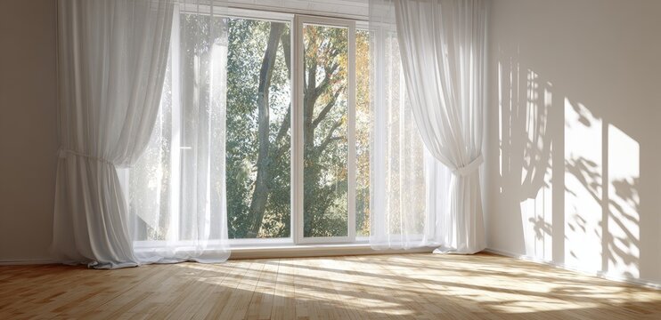 Sunlit room with sheer curtains framing a view of autumn trees and dappled light
