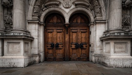 Obraz premium Grand ornate wooden double doors set within a stone facade, architectural detail
