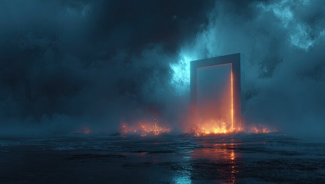 Ethereal portal, glowing with intense light, shrouded in ominous, fiery mist