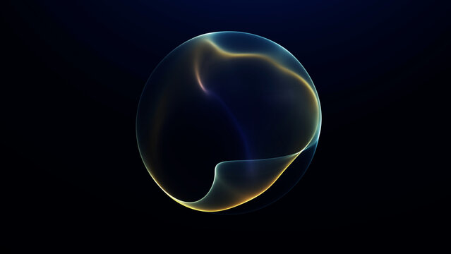 Green yellow glowing energy sphere with soft fluid light waves on dark futuristic background, abstract plasma orb with smooth digital motion and glow.