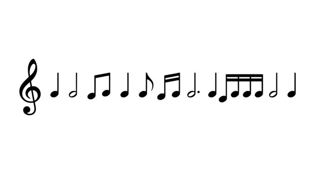 Musical notes with treble clef in black and white featuring music, sheet music, notation with quarter note and eighth note elements for sixteenth