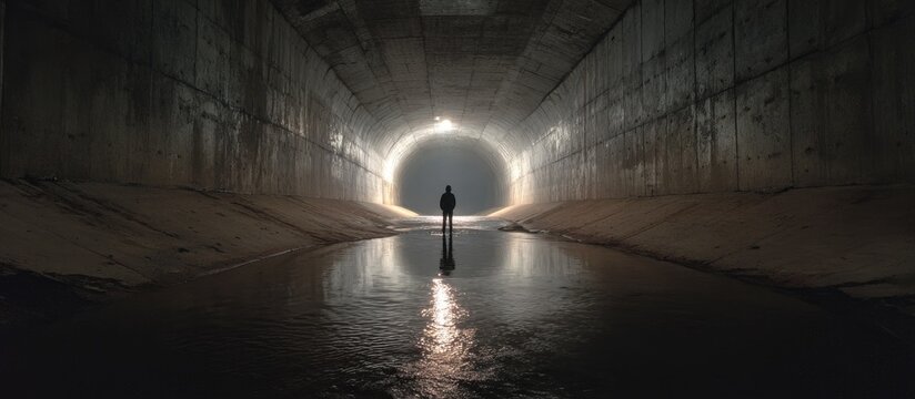 Silhouette stands in a dark, empty concrete tunnel with light at the end