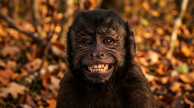 Portrait of a smiling monkey in autumn forest