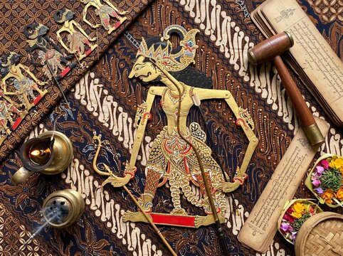 Traditional Indonesian Wayang Kulit Shadow Puppet Intricate Gold Detail Dark Background