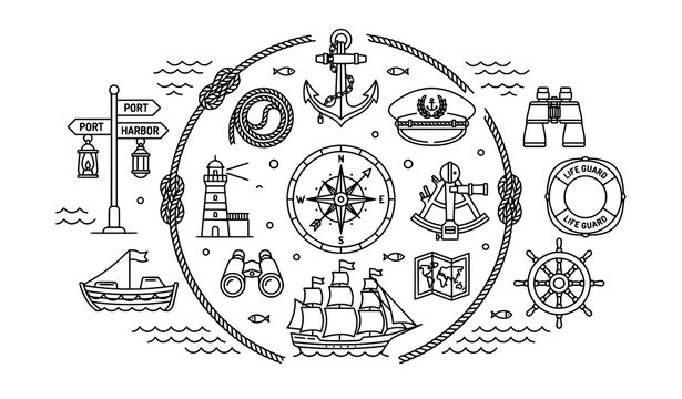 Modern sailor and nautical line icons with editable outline maritime vector design